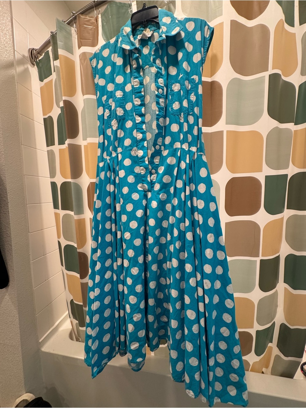 Chaus Teal and White Polka Dot Button-Front Sundress